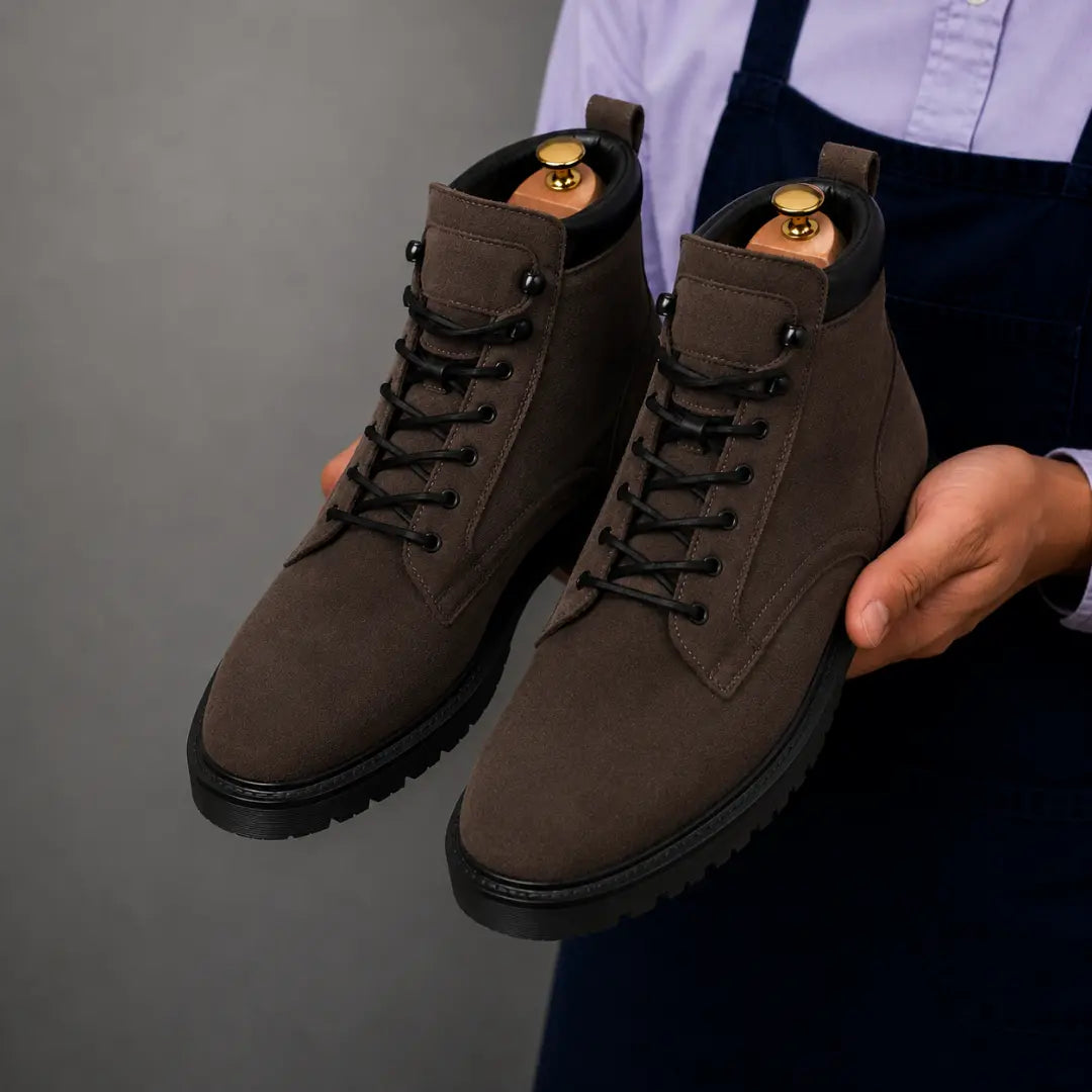 Man holding a pair of Melodiapelle Meilbourne Combat Boots in dark brown suede, close-up