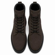 Melodiapelle Meilbourne Combat Boot in dark brown suede, pair top-down view, handcrafted in Agra