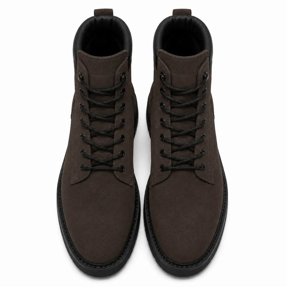 Melodiapelle Meilbourne Combat Boot in dark brown suede, pair top-down view, handcrafted in Agra