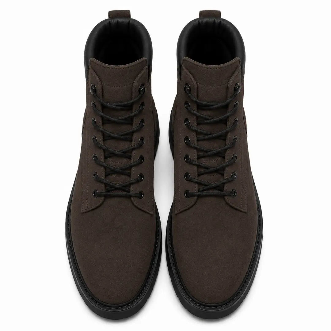 Melodiapelle Meilbourne Combat Boot in dark brown suede, pair top-down view, handcrafted in Agra