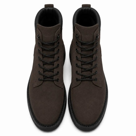 Melodiapelle Meilbourne Combat Boot in dark brown suede, pair top-down view, handcrafted in Agra