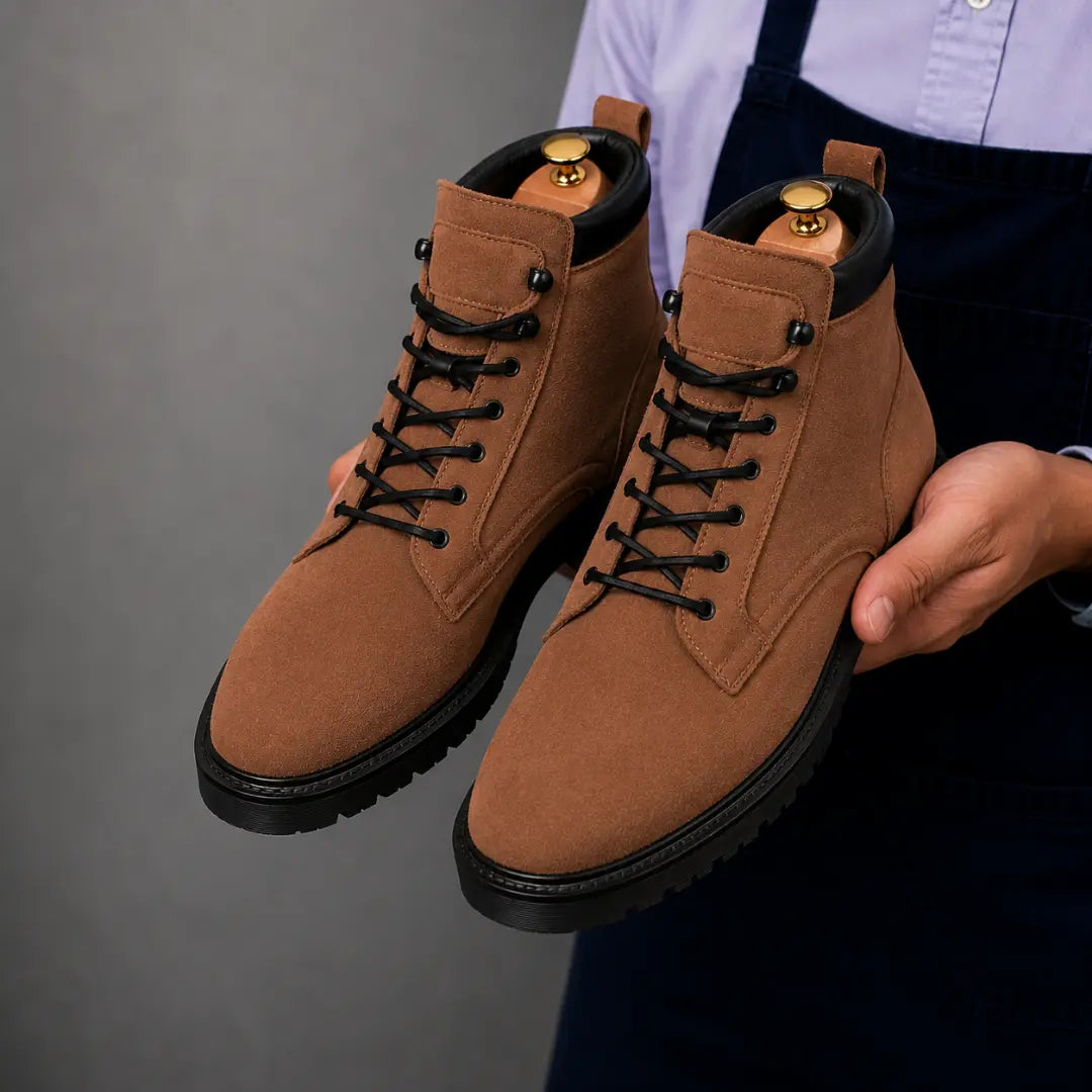 Man holding a pair of Melodiapelle Meilbourne Combat Boots in rust tan leather, close-up