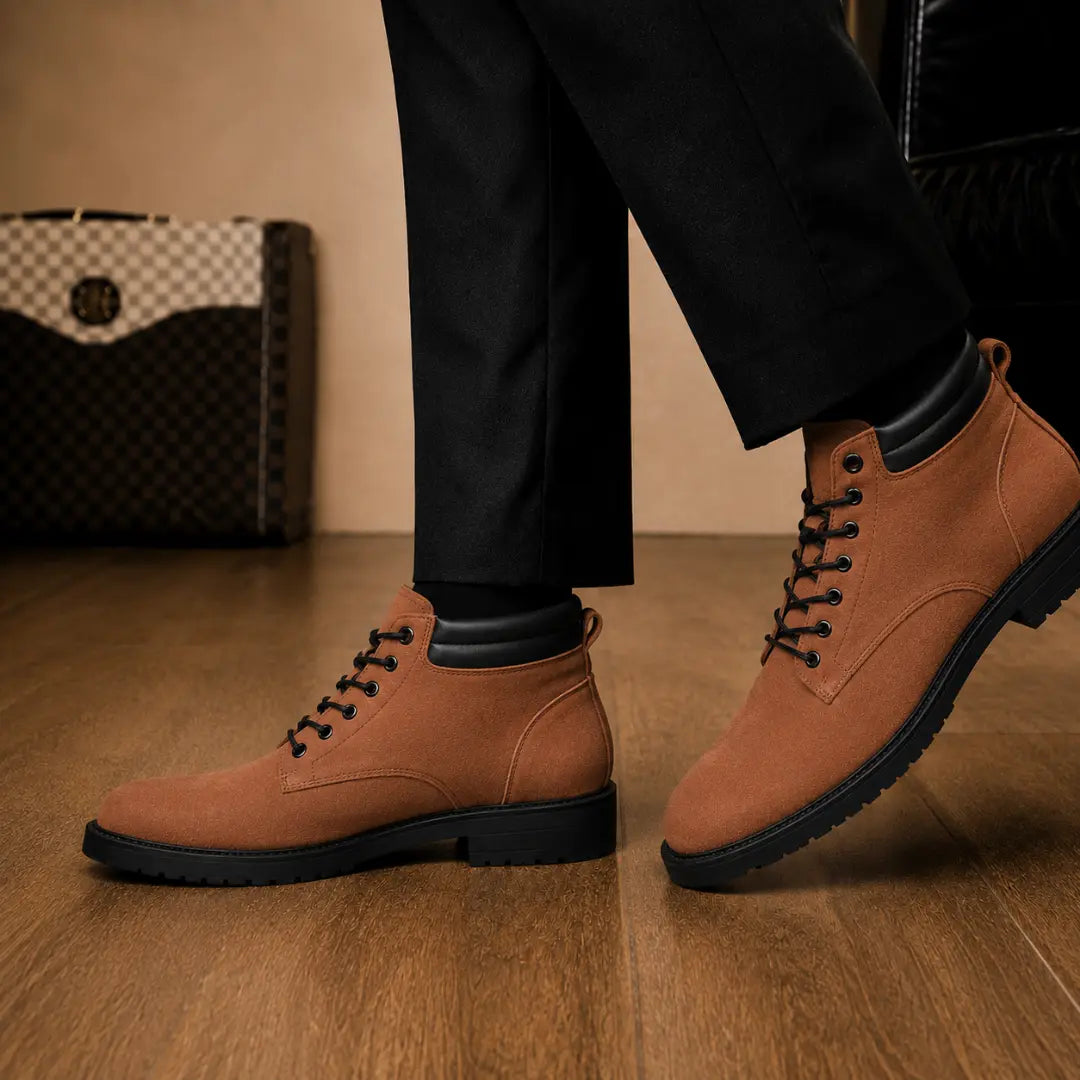 Melodiapelle Meilbourne Combat Boot in rust tan leather worn with trousers, on-feet shot