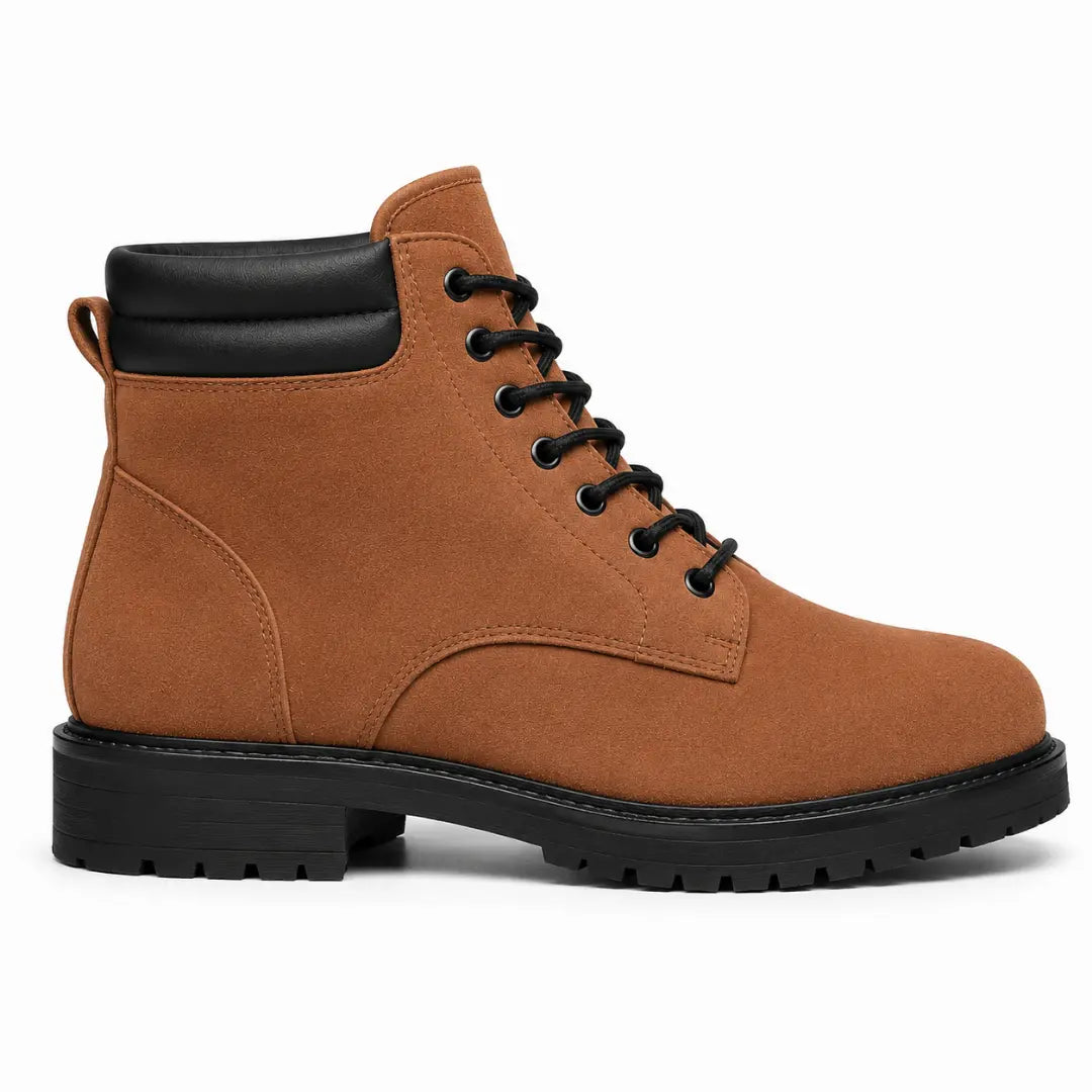 Side profile of the Meilbourne Combat Boot in rust tan leather on white background