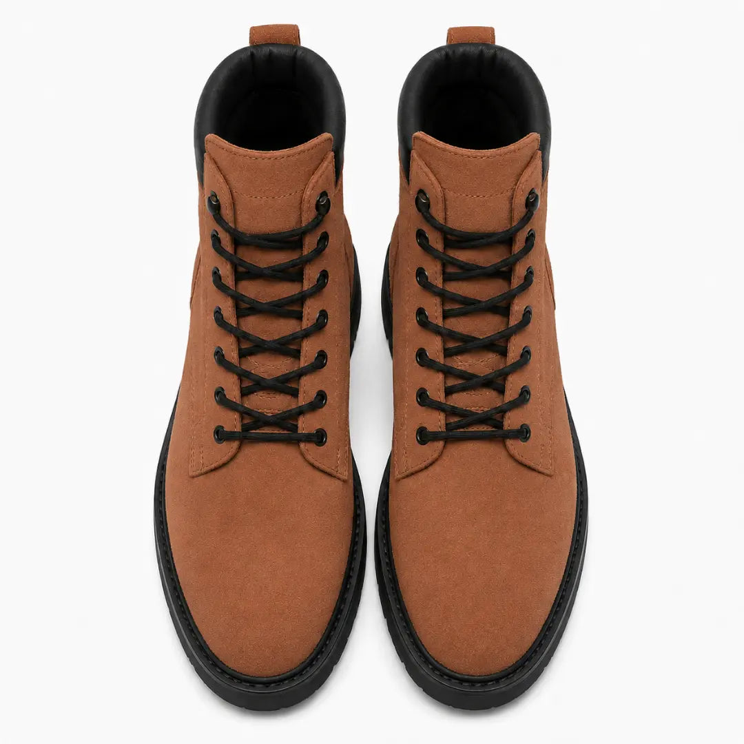 Melodiapelle Meilbourne Combat Boot in rust tan leather, pair top-down view, handcrafted in Agra