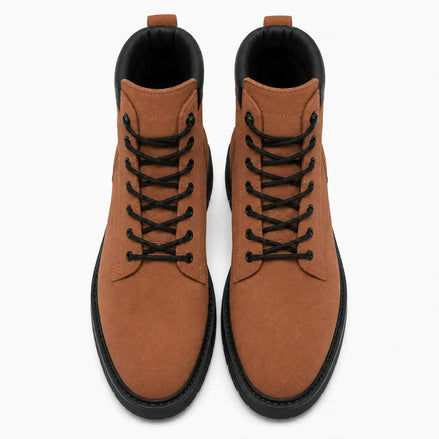 Melodiapelle Meilbourne Combat Boot in rust tan leather, pair top-down view, handcrafted in Agra
