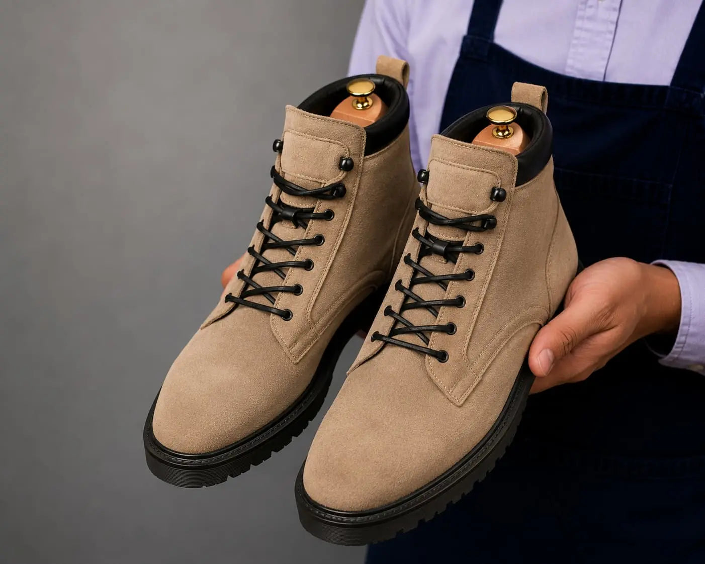 Man holding a pair of Melodiapelle Meilbourne Combat Boots in sand beige suede, close-up