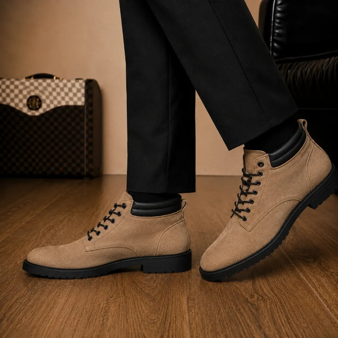 Melodiapelle Meilbourne Combat Boot in sand beige suede worn with trousers, on-feet shot