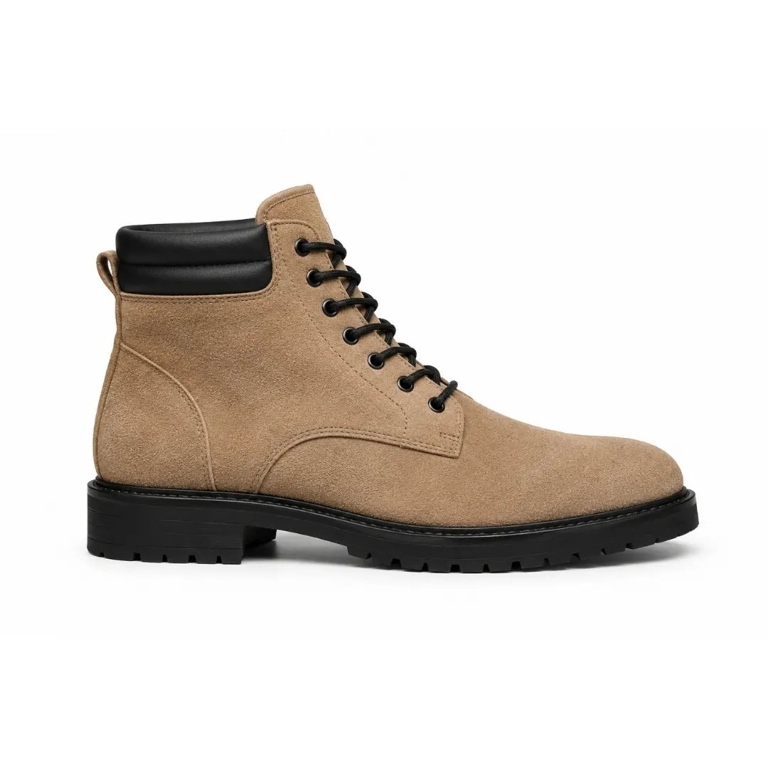 Side profile of the Meilbourne Combat Boot in sand beige suede on white background