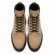 Melodiapelle Meilbourne Combat Boot in sand beige suede, pair top-down view, handcrafted in Agra