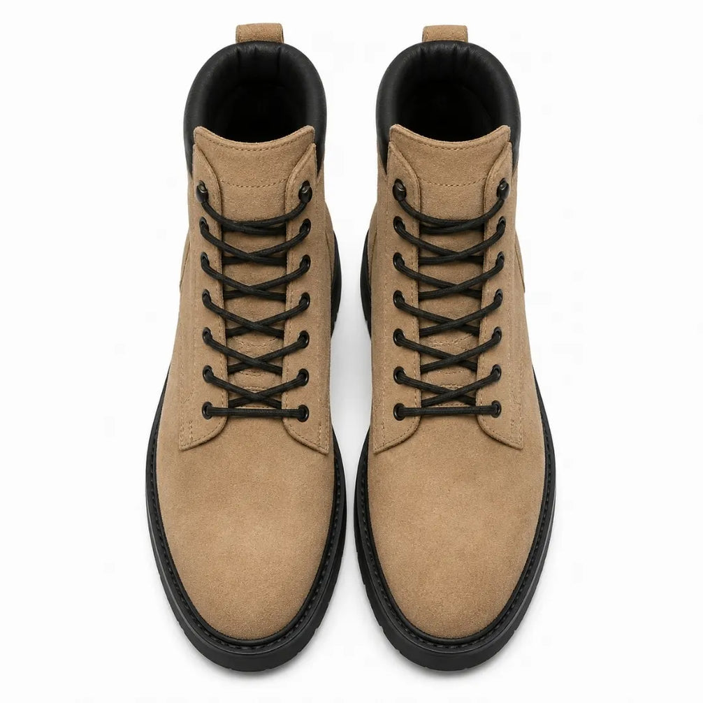 Melodiapelle Meilbourne Combat Boot in sand beige suede, pair top-down view, handcrafted in Agra