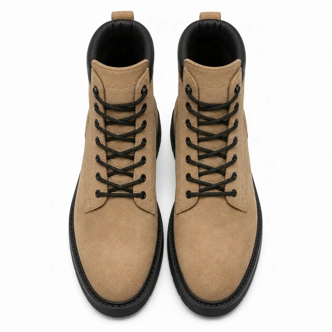 Melodiapelle Meilbourne Combat Boot in sand beige suede, pair top-down view, handcrafted in Agra