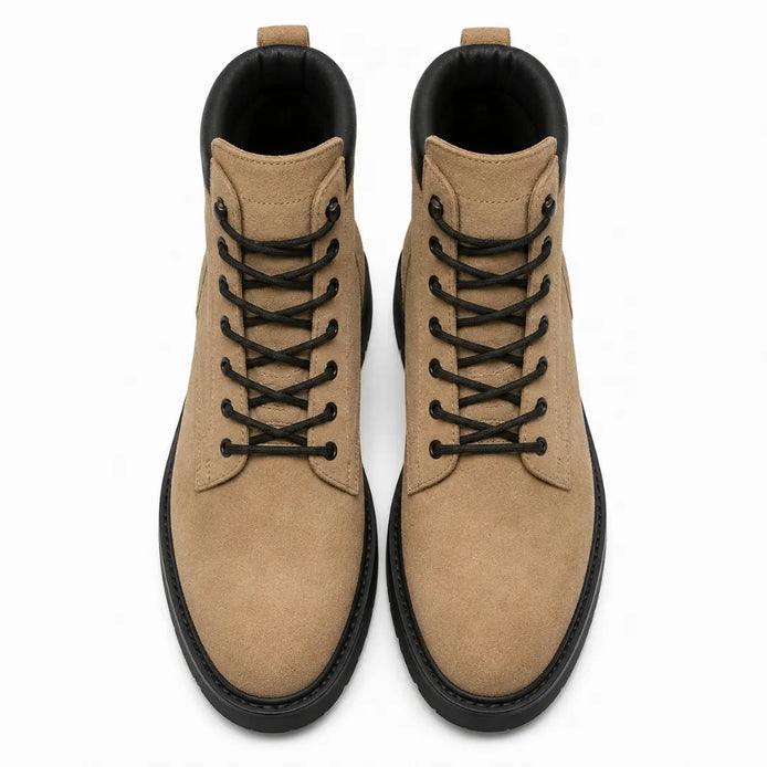 Melodiapelle Meilbourne Combat Boot in sand beige suede, pair top-down view, handcrafted in Agra
