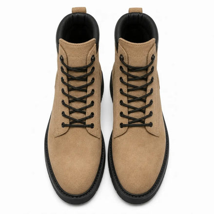 Melodiapelle Meilbourne Combat Boot in sand beige suede, pair top-down view, handcrafted in Agra