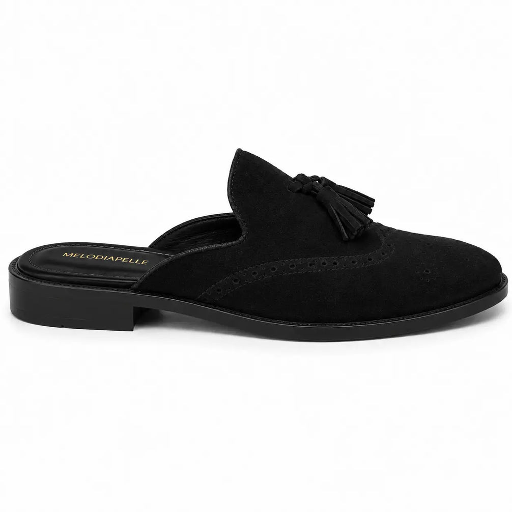 Side profile of the Mendiai Mule in black suede on white background