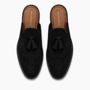 Melodiapelle Mendiai Mule in black suede, pair top-down view, handcrafted in Agra