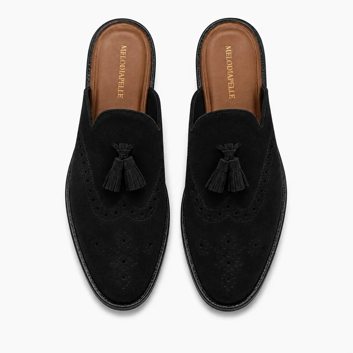 Melodiapelle Mendiai Mule in black suede, pair top-down view, handcrafted in Agra