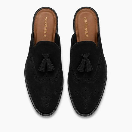 Melodiapelle Mendiai Mule in black suede, pair top-down view, handcrafted in Agra