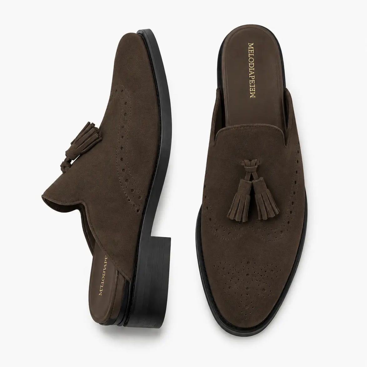 Dark brown suede tassel mule, three-quarter angle showing tassel and heel