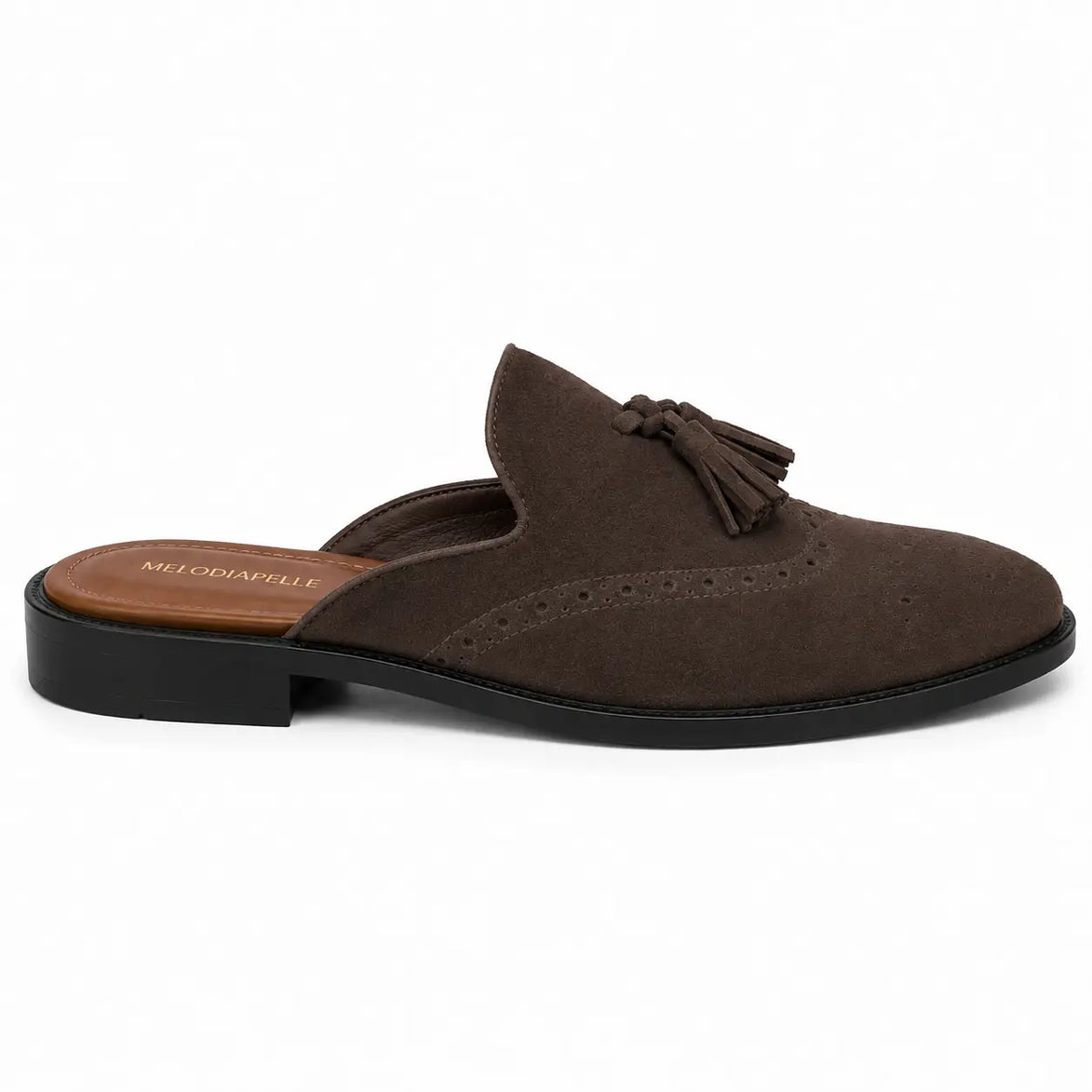 Side profile of the Mendiai Mule in dark brown suede on white background