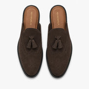 Melodiapelle Mendiai Mule in dark brown suede, pair top-down view, handcrafted in Agra