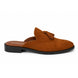 Side profile of the Mendiai Mule in rust tan suede on white background