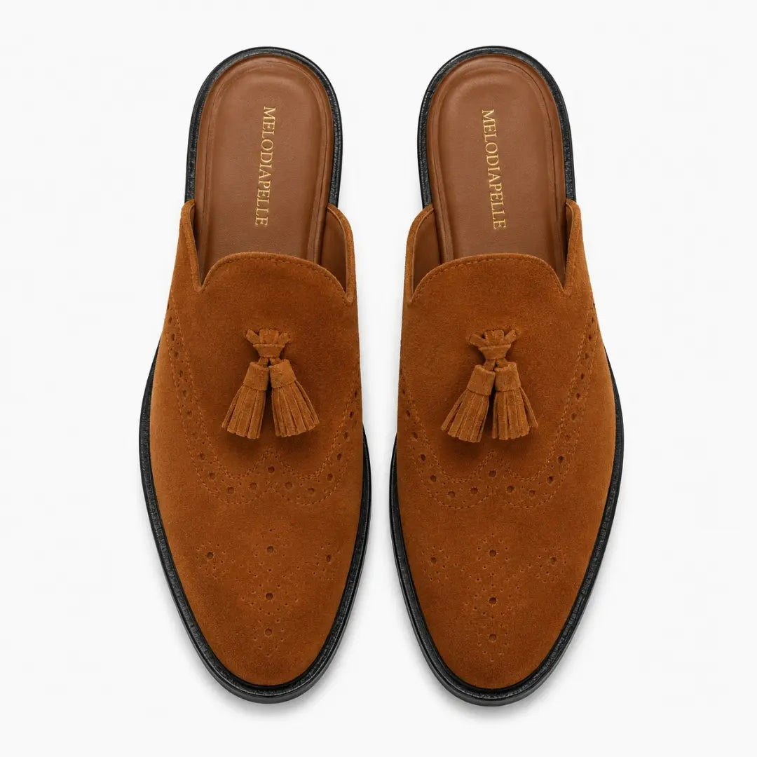 Melodiapelle Mendiai Mule in rust tan suede, pair top-down view, handcrafted in Agra