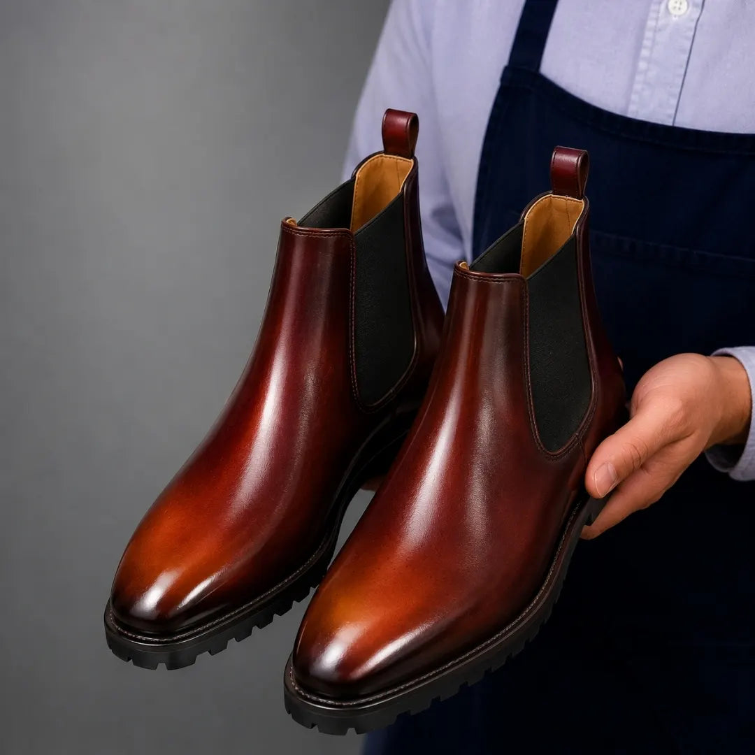 Man holding a pair of Melodiapelle Mentor Classic Chelsea Boots in burnt ombre leather, close-up