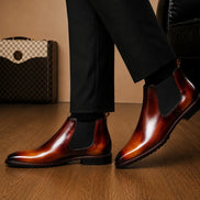 Melodiapelle Mentor Classic Chelsea Boot in burnt ombre leather worn with trousers, on-feet shot