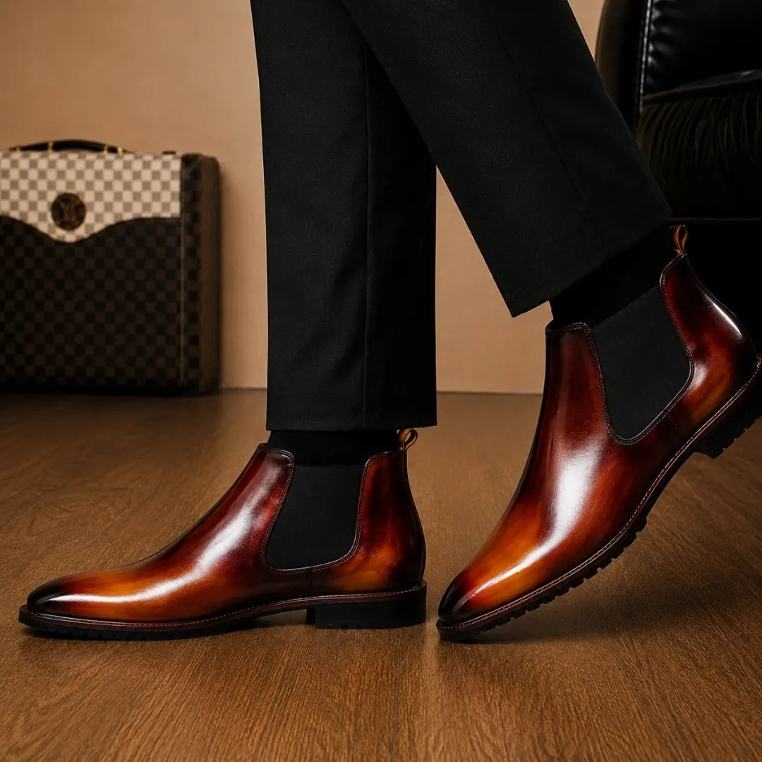 Melodiapelle Mentor Classic Chelsea Boot in burnt ombre leather worn with trousers, on-feet shot