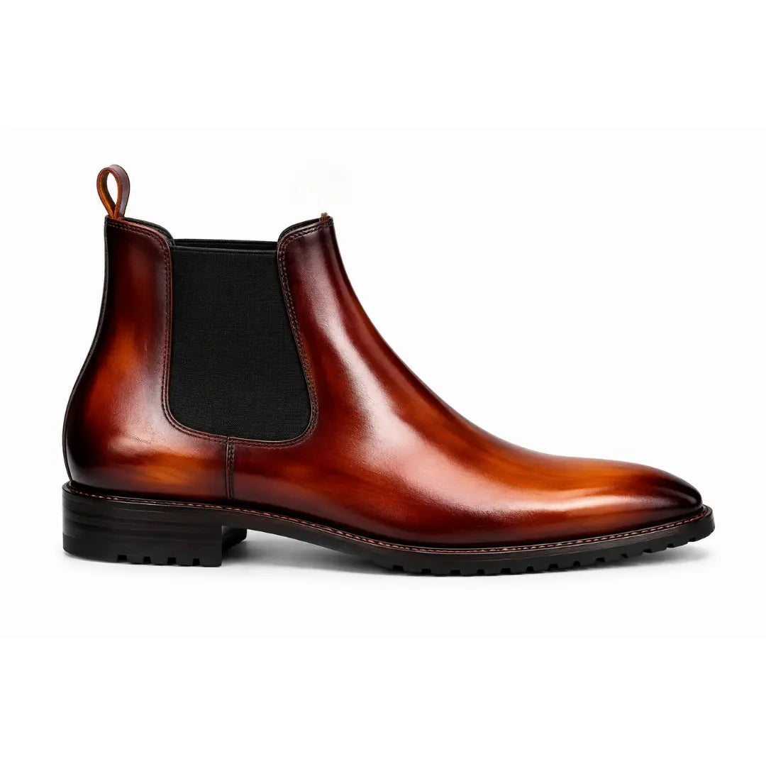 Side profile of the Mentor Classic Chelsea Boot in burnt ombre leather on white background