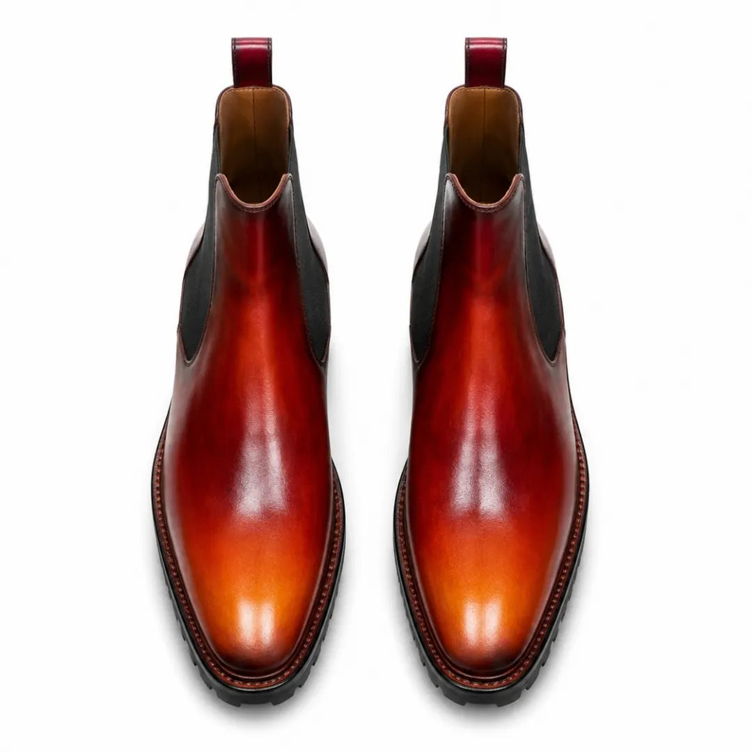 Melodiapelle Mentor Classic Chelsea Boot in burnt ombre leather, pair top-down view, handcrafted in Agra