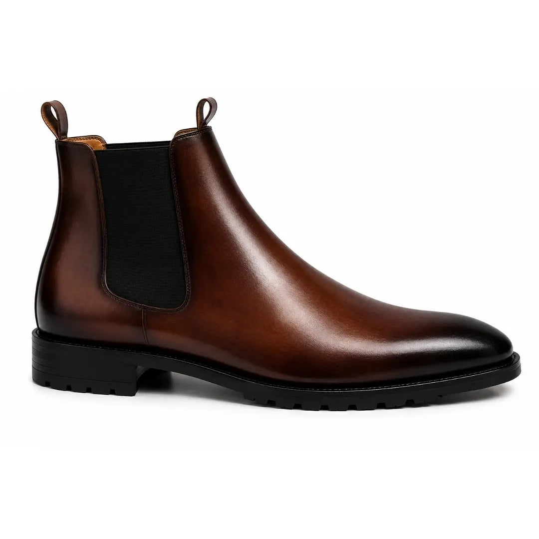 Side profile of the Mentor Classic Chelsea Boot in dark brown leather on white background