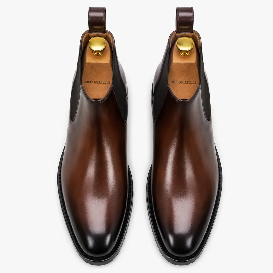 Melodiapelle Mentor Classic Chelsea Boot in dark brown leather, pair top-down view, handcrafted in Agra