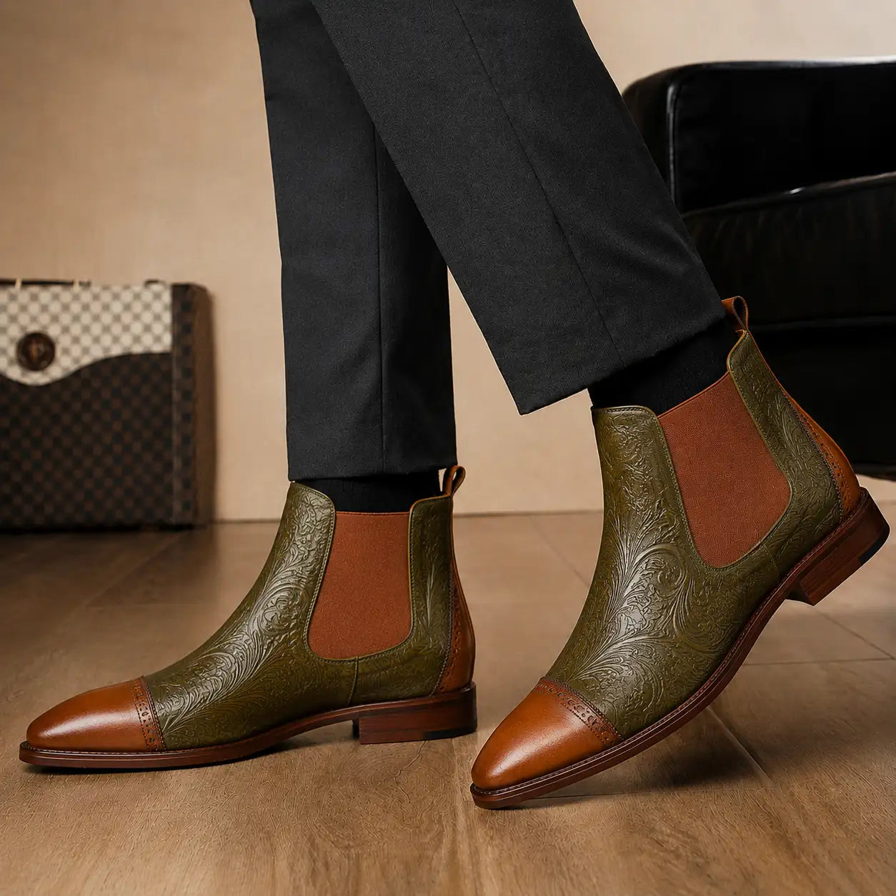 Melodiapelle Merida Floral-Embossed Chelsea Boot in olive and tan leather worn with formal trousers, on-feet shot