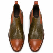 Melodiapelle Merida Floral-Embossed Chelsea Boot in olive and tan leather, pair top-down view, handcrafted in Agra