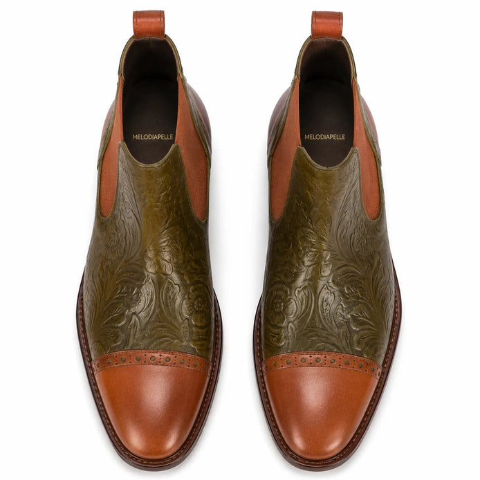 Melodiapelle Merida Floral-Embossed Chelsea Boot in olive and tan leather, pair top-down view, handcrafted in Agra