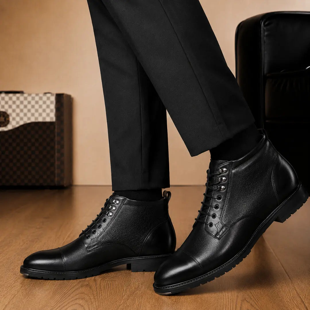 Melodiapelle Meridian Combat Boot in black leather worn with trousers, on-feet shot