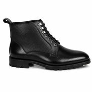 Side profile of the Meridian Combat Boot in black leather on white background