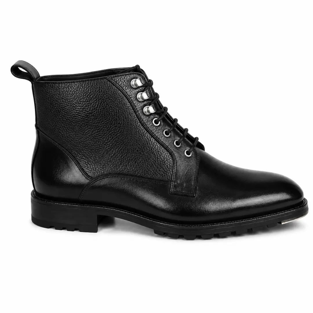 Side profile of the Meridian Combat Boot in black leather on white background