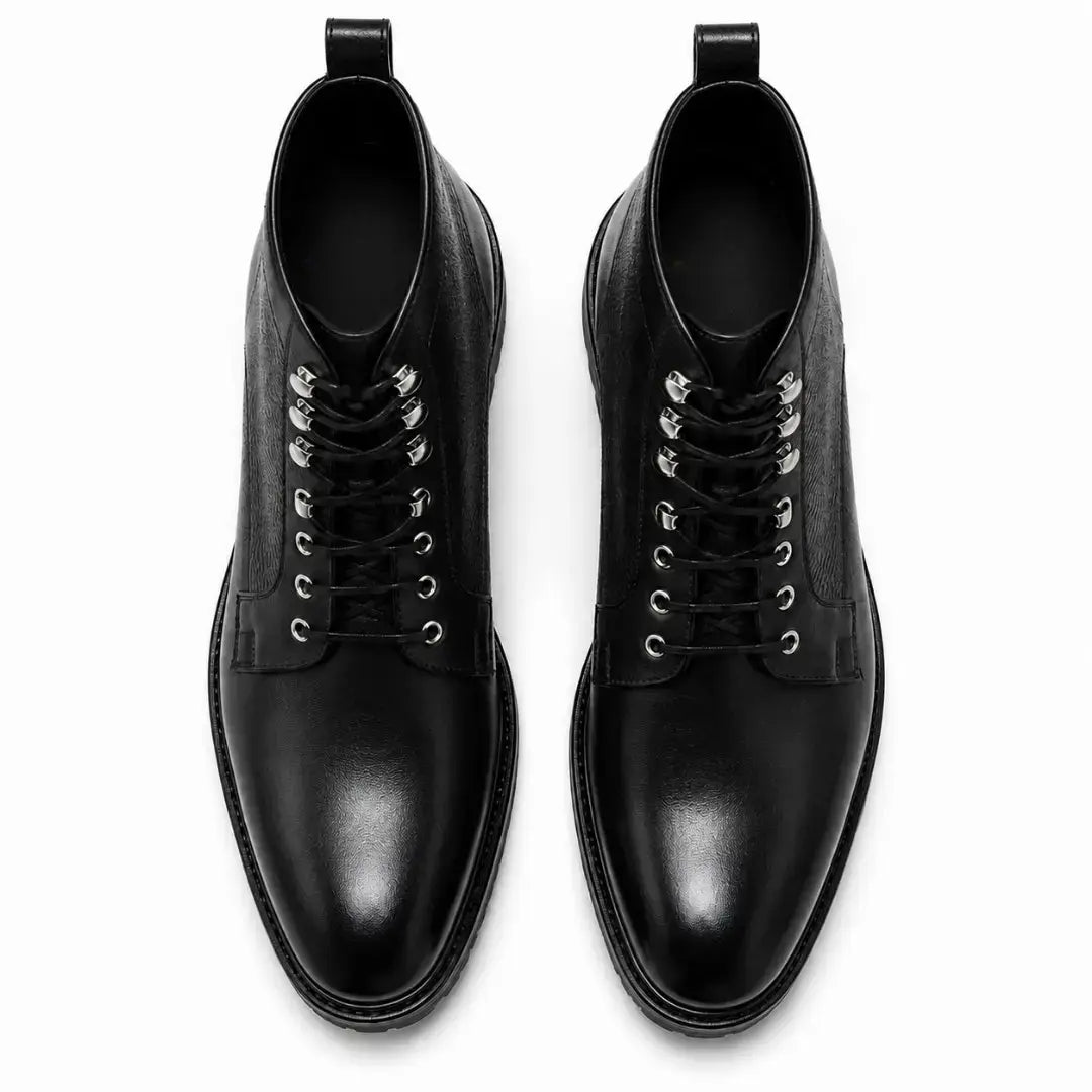 Melodiapelle Meridian Combat Boot in black leather, pair top-down view, handcrafted in Agra