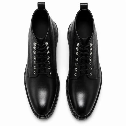 Melodiapelle Meridian Combat Boot in black leather, pair top-down view, handcrafted in Agra