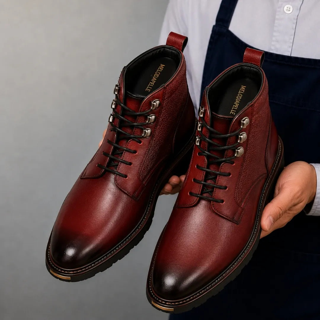 Man holding a pair of Melodiapelle Meridian Combat Boots in burgundy red leather, close-up