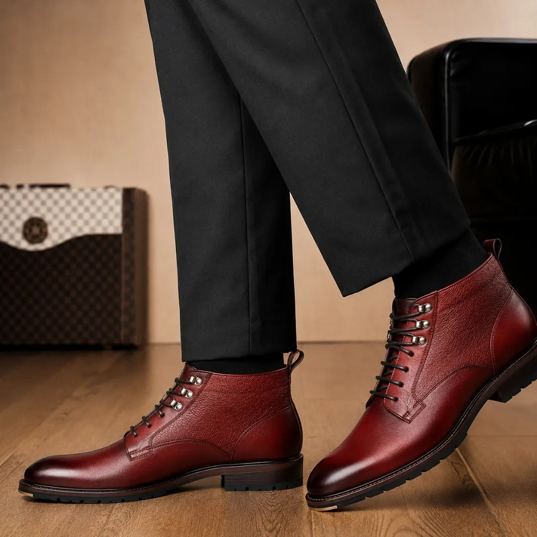Melodiapelle Meridian Combat Boot in burgundy red leather worn with trousers, on-feet shot