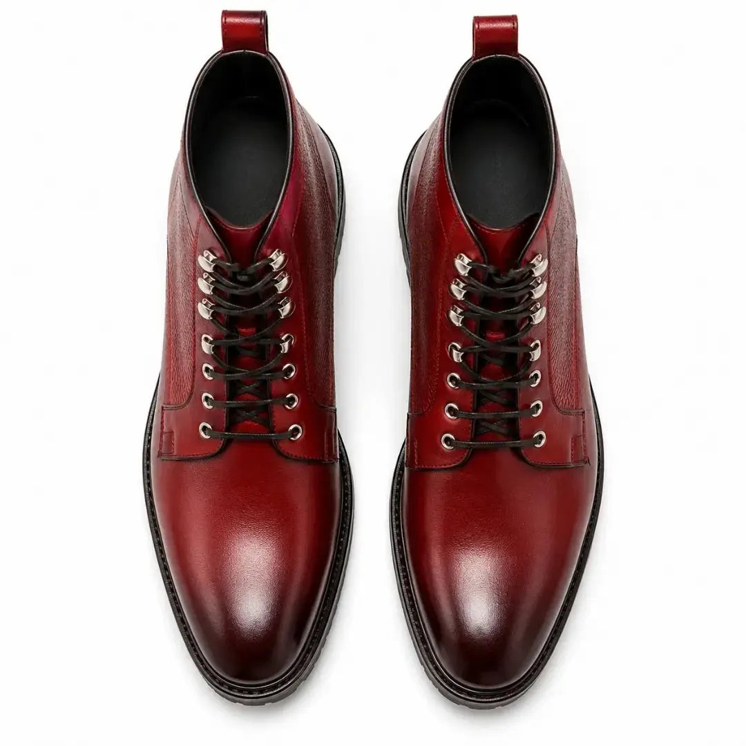 Melodiapelle Meridian Combat Boot in burgundy red leather, pair top-down view, handcrafted in Agra