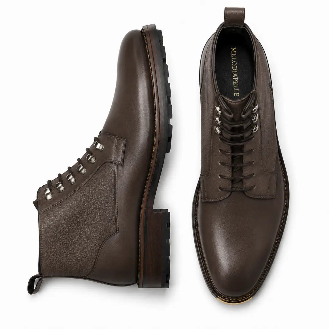 Dark brown leather combat boot, three-quarter angle showing heel and sole detailing