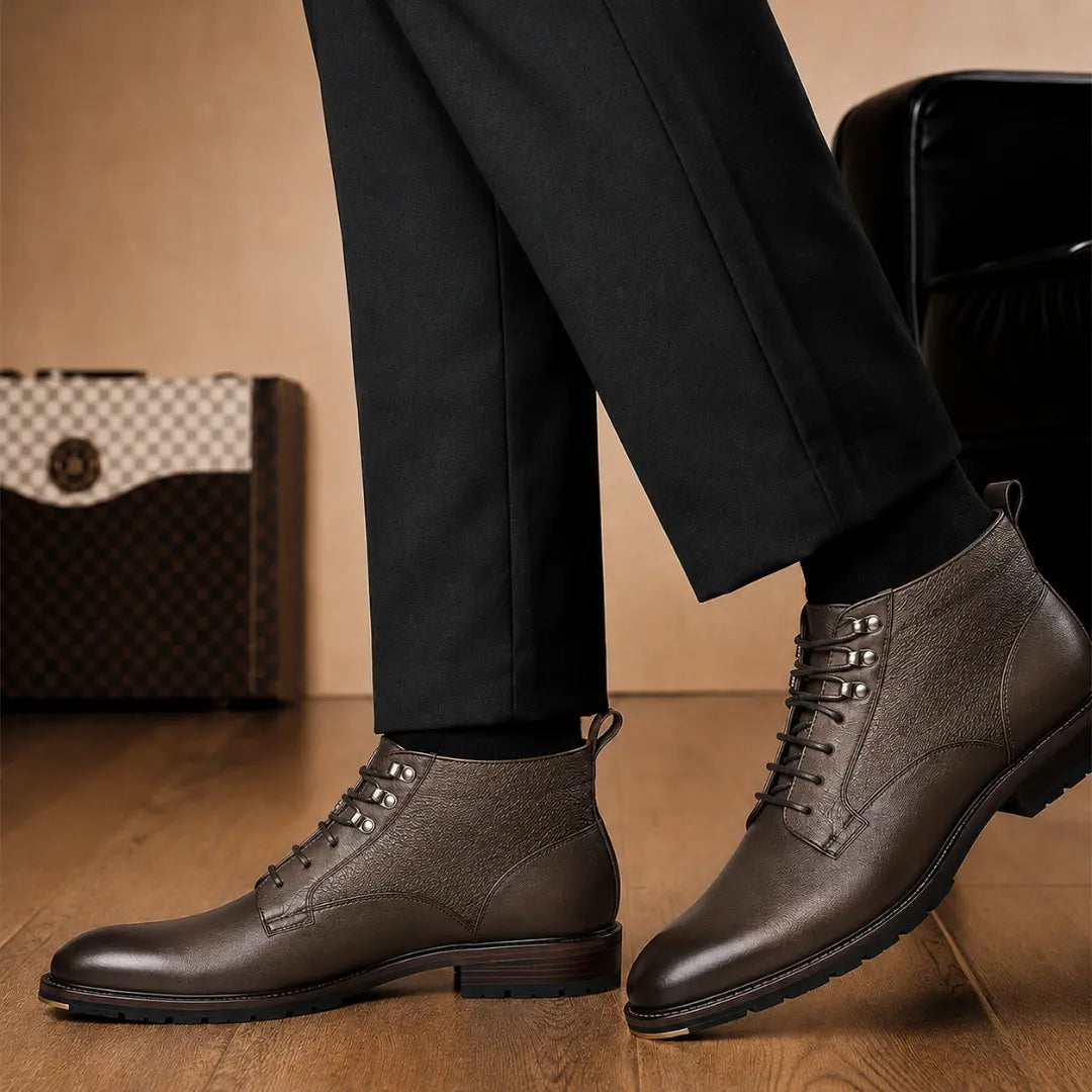 Melodiapelle Meridian Combat Boot in dark brown leather worn with trousers, on-feet shot