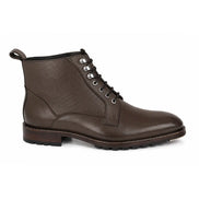 Side profile of the Meridian Combat Boot in dark brown leather on white background