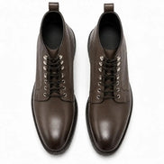 Melodiapelle Meridian Combat Boot in dark brown leather, pair top-down view, handcrafted in Agra