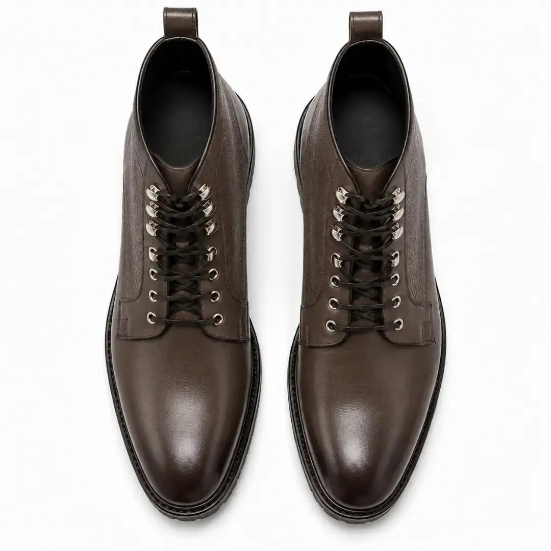 Melodiapelle Meridian Combat Boot in dark brown leather, pair top-down view, handcrafted in Agra